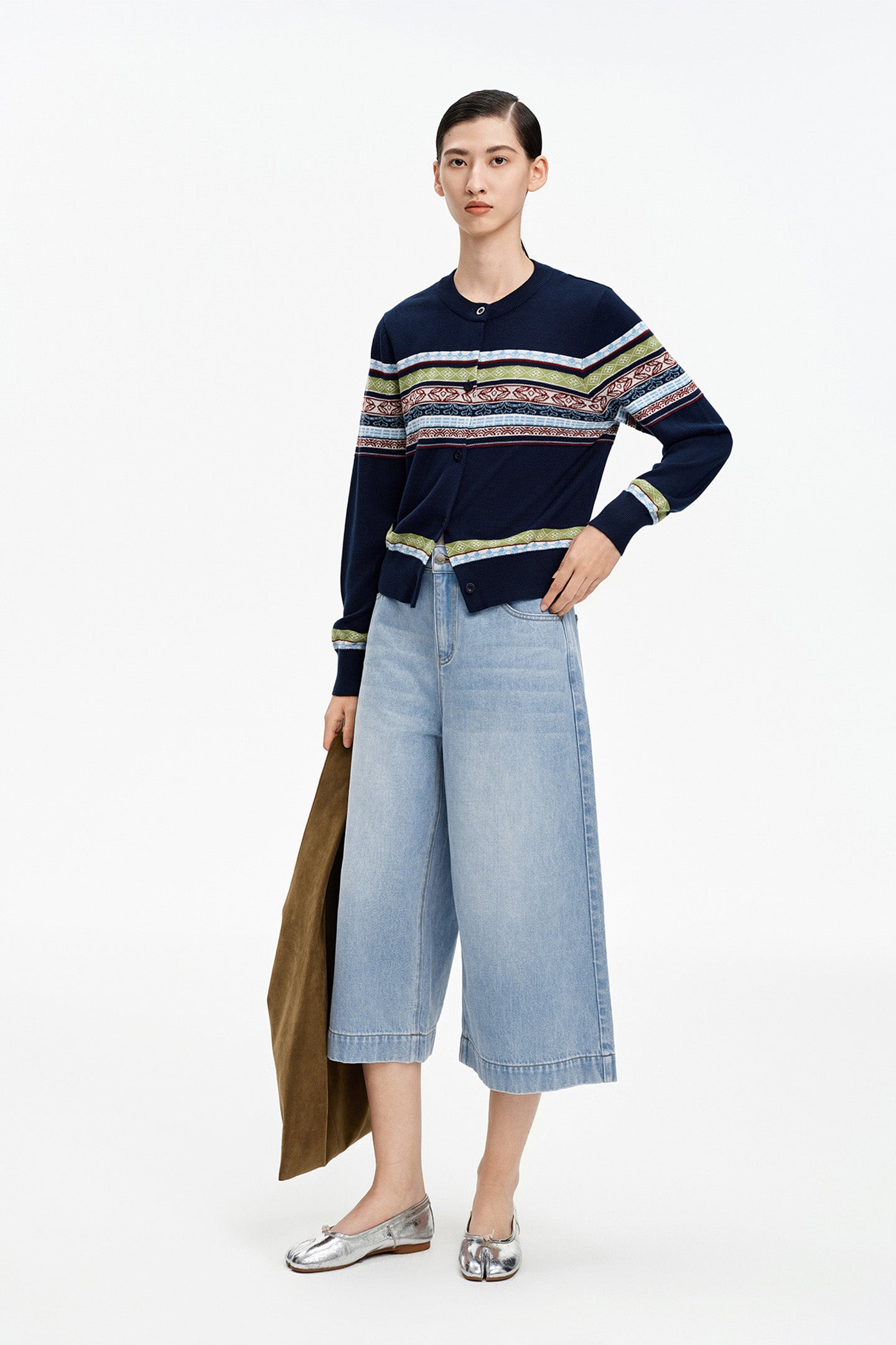 Tencel and merino wool blend striped cardigan