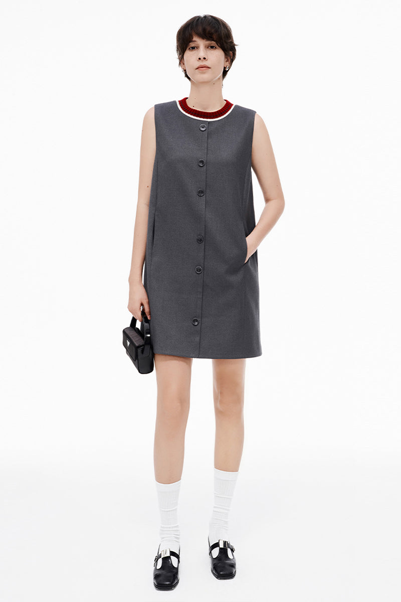 SELFWHO Wool Blend Sleeveless Grey Dress