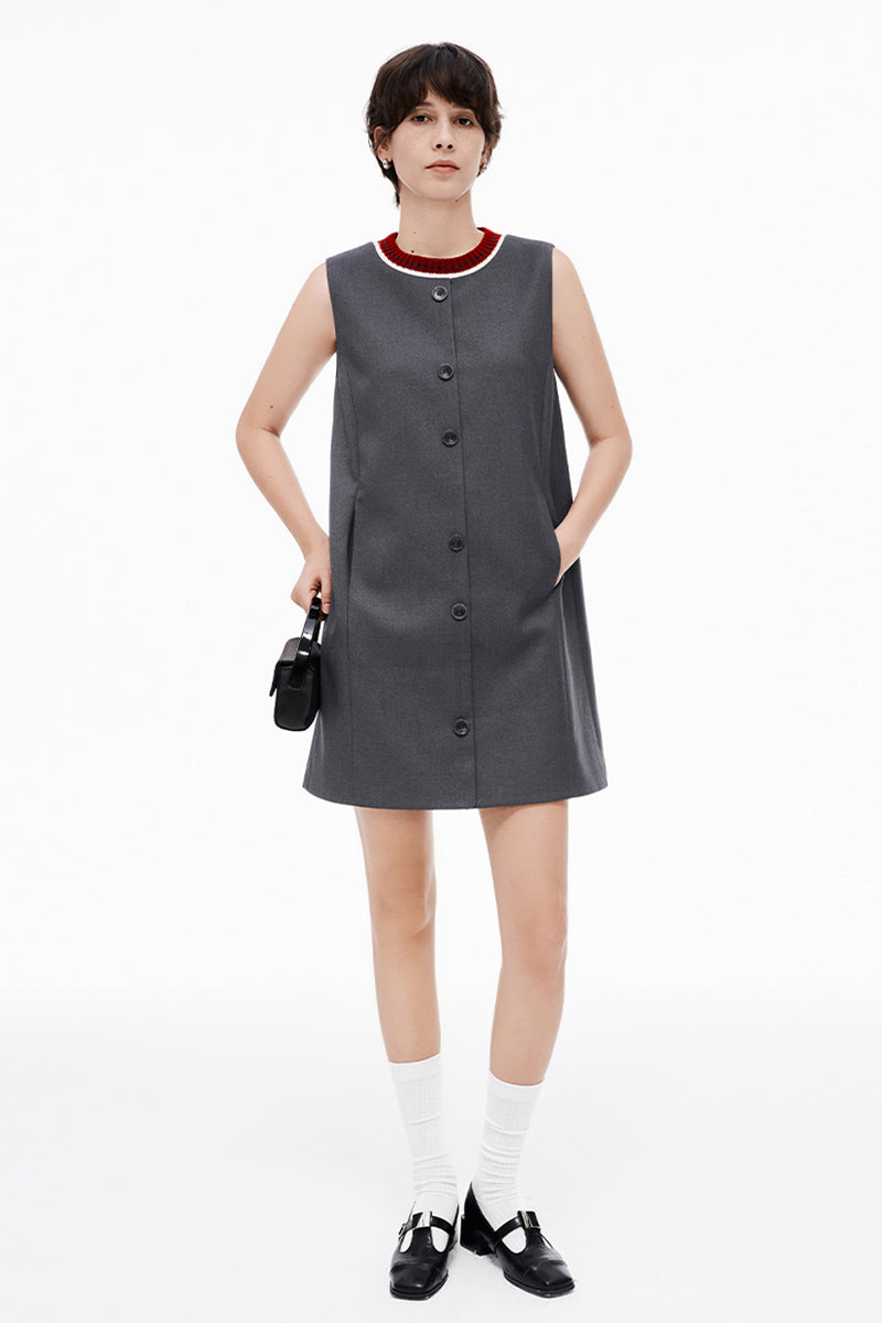 SELFWHO Wool Blend Sleeveless Grey Dress