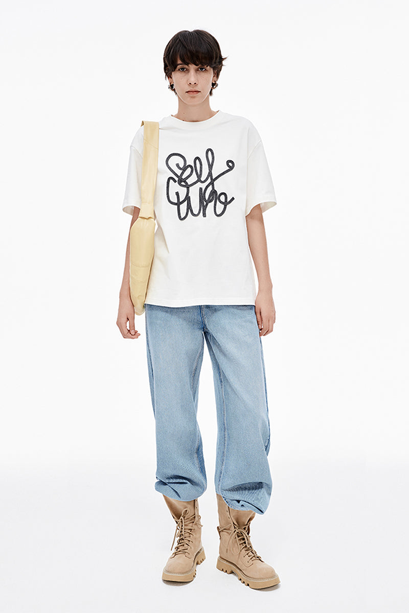 Hand-Embroidered Solid Color T-Shirt