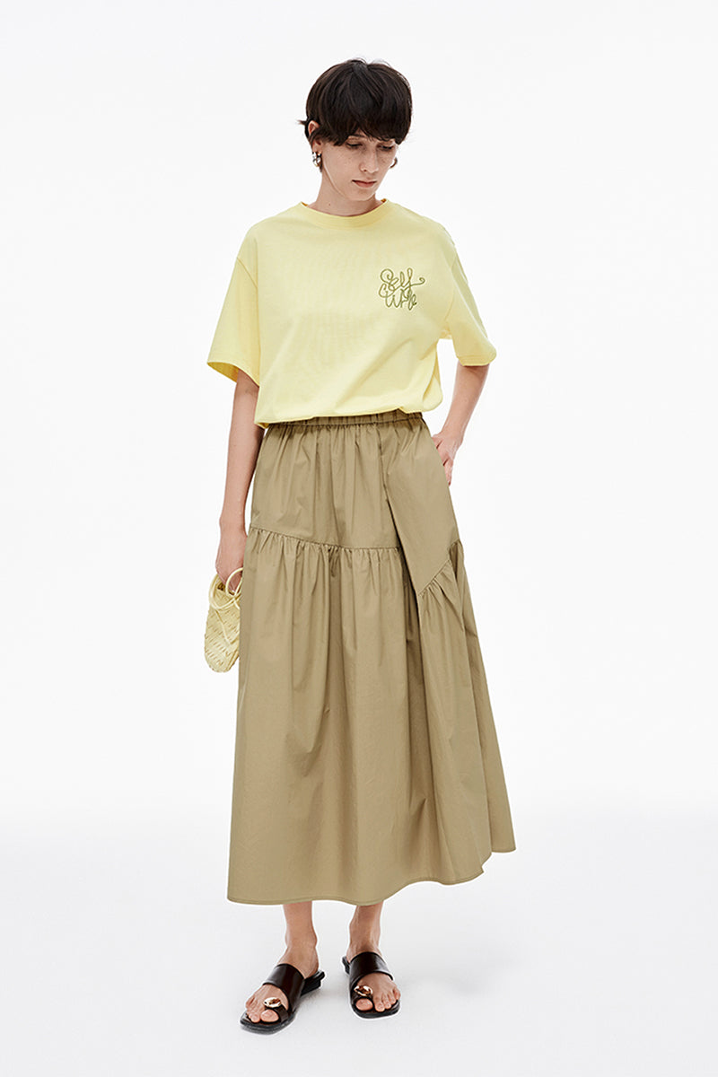 SELFWHO Casual Loose Cotton Khaki Skirt