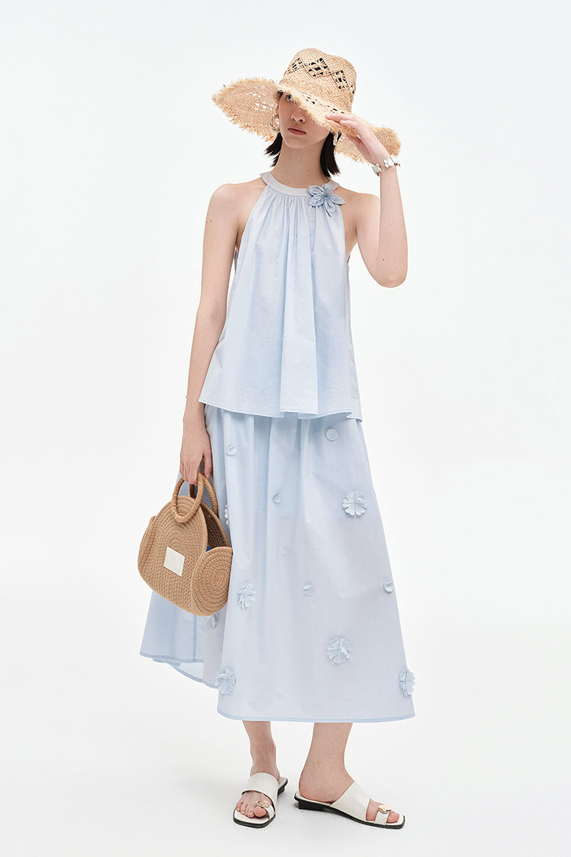 SELFWHO Pure Cotton Detachable Beaded Flower Vest, Skirt Set