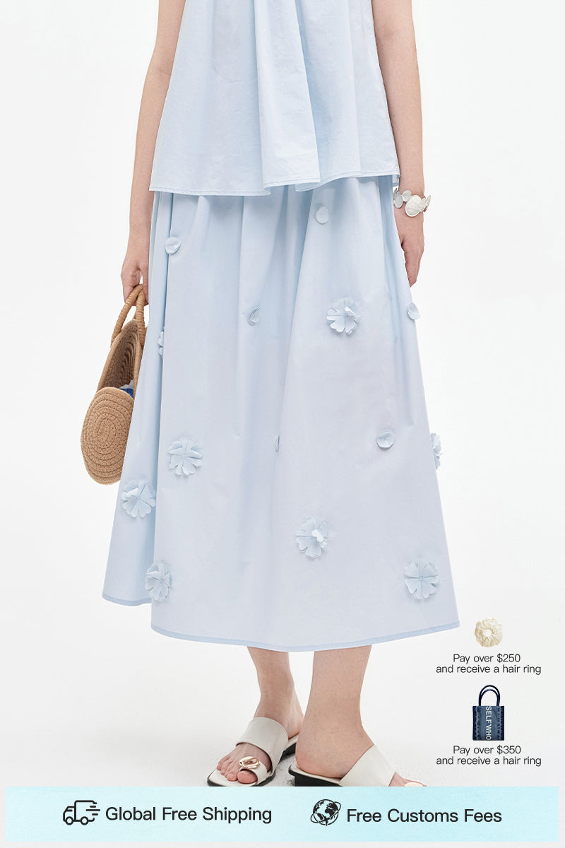 SELFWHO Pure Cotton Detachable Beaded Flower Vest, Skirt Set