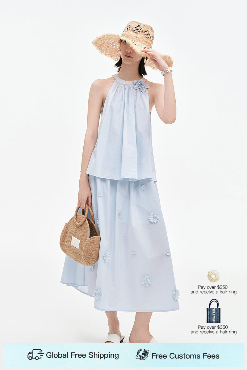 SELFWHO Pure Cotton Detachable Beaded Flower Vest, Skirt Set