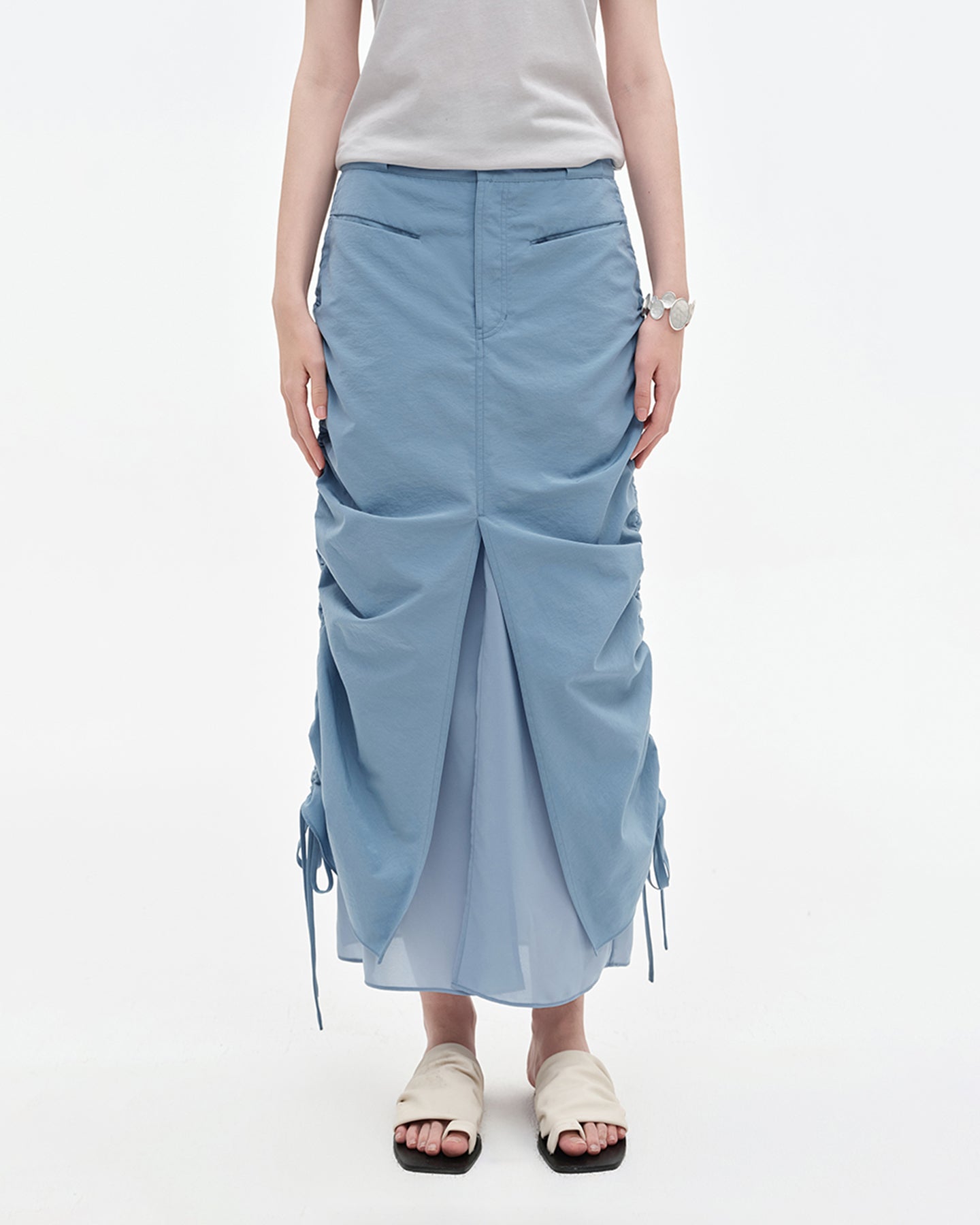 Cotton blend fake two piece pleated fishtail skirt