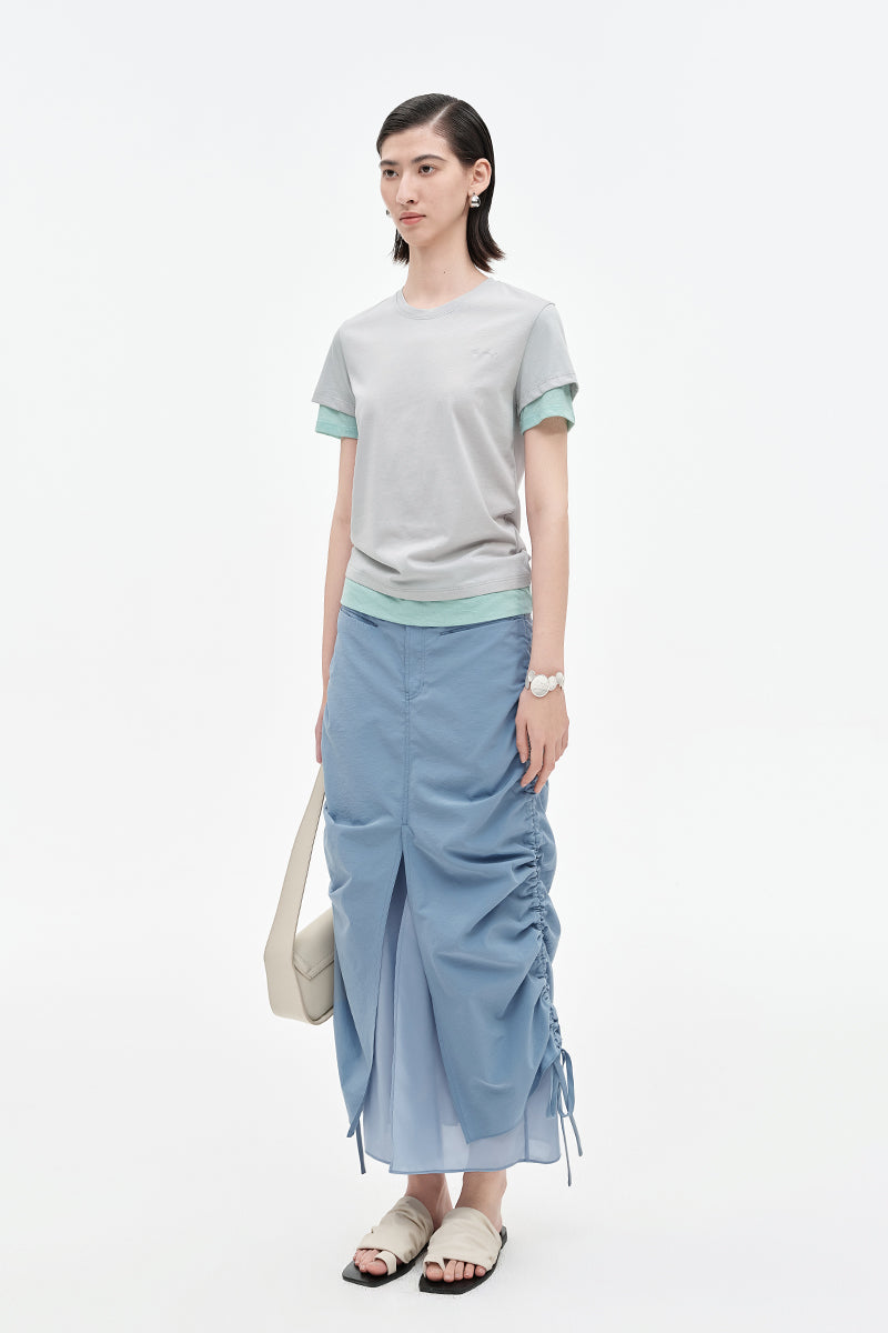 Cotton blend fake two piece pleated fishtail skirt