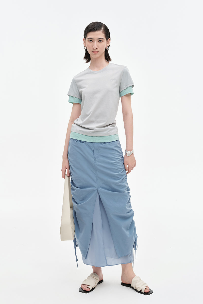 Cotton blend fake two piece pleated fishtail skirt