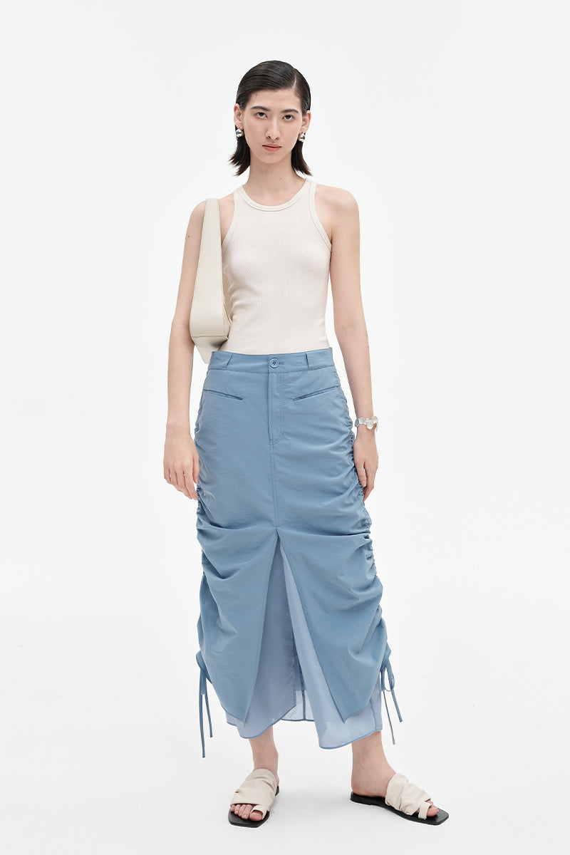 Cotton blend fake two piece pleated fishtail skirt