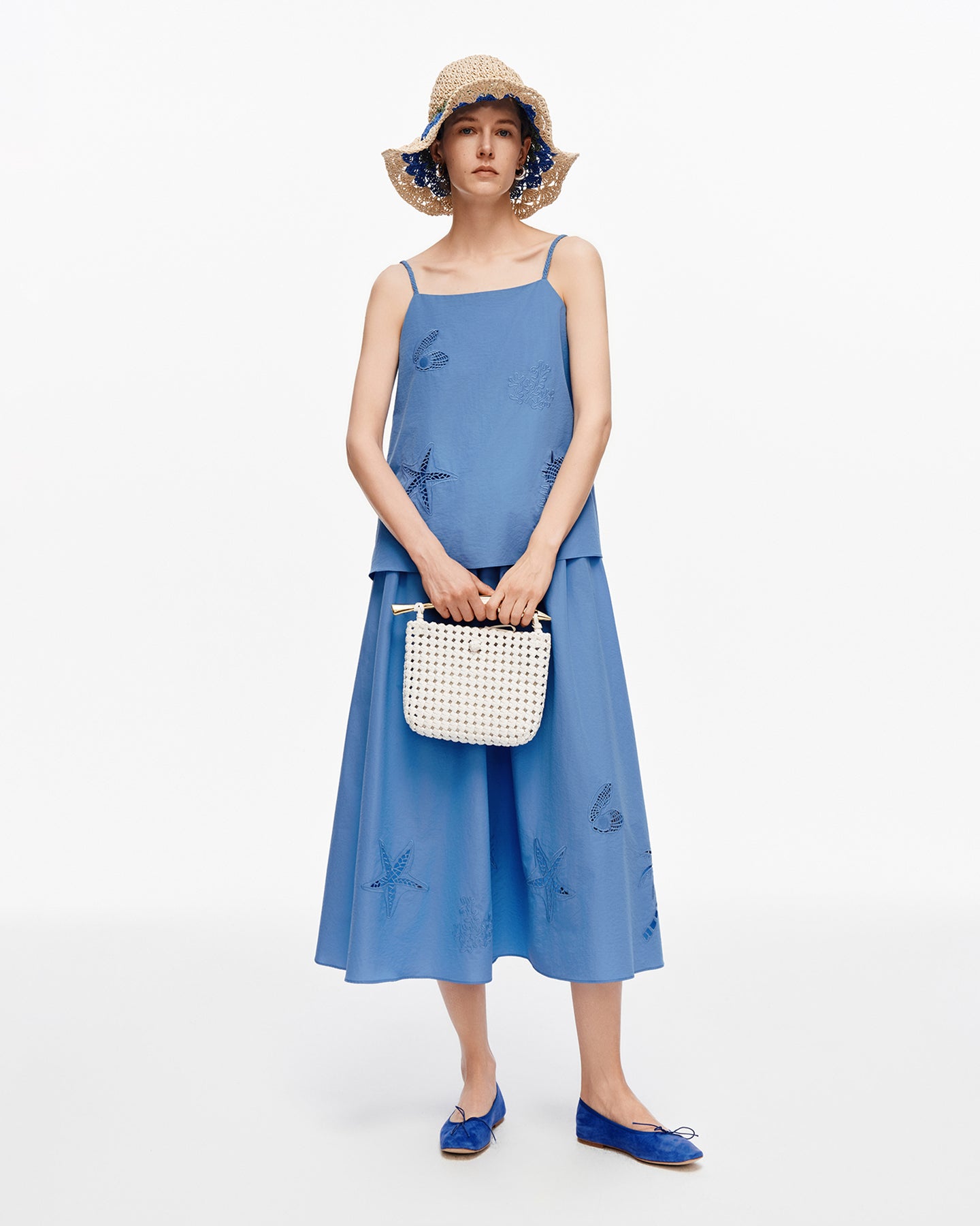 Cotton blend openwork embroidered camisole + skirt