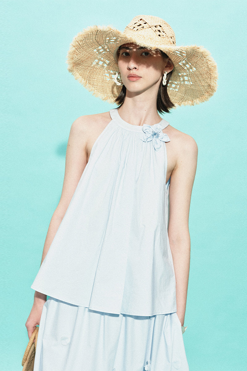 SELFWHO Pure Cotton Detachable Beaded Flower Vest, Skirt Set