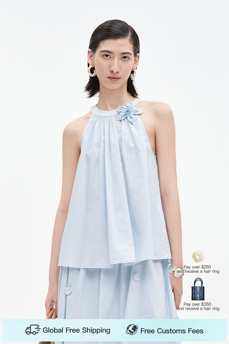 SELFWHO Pure Cotton Detachable Beaded Flower Vest, Skirt Set