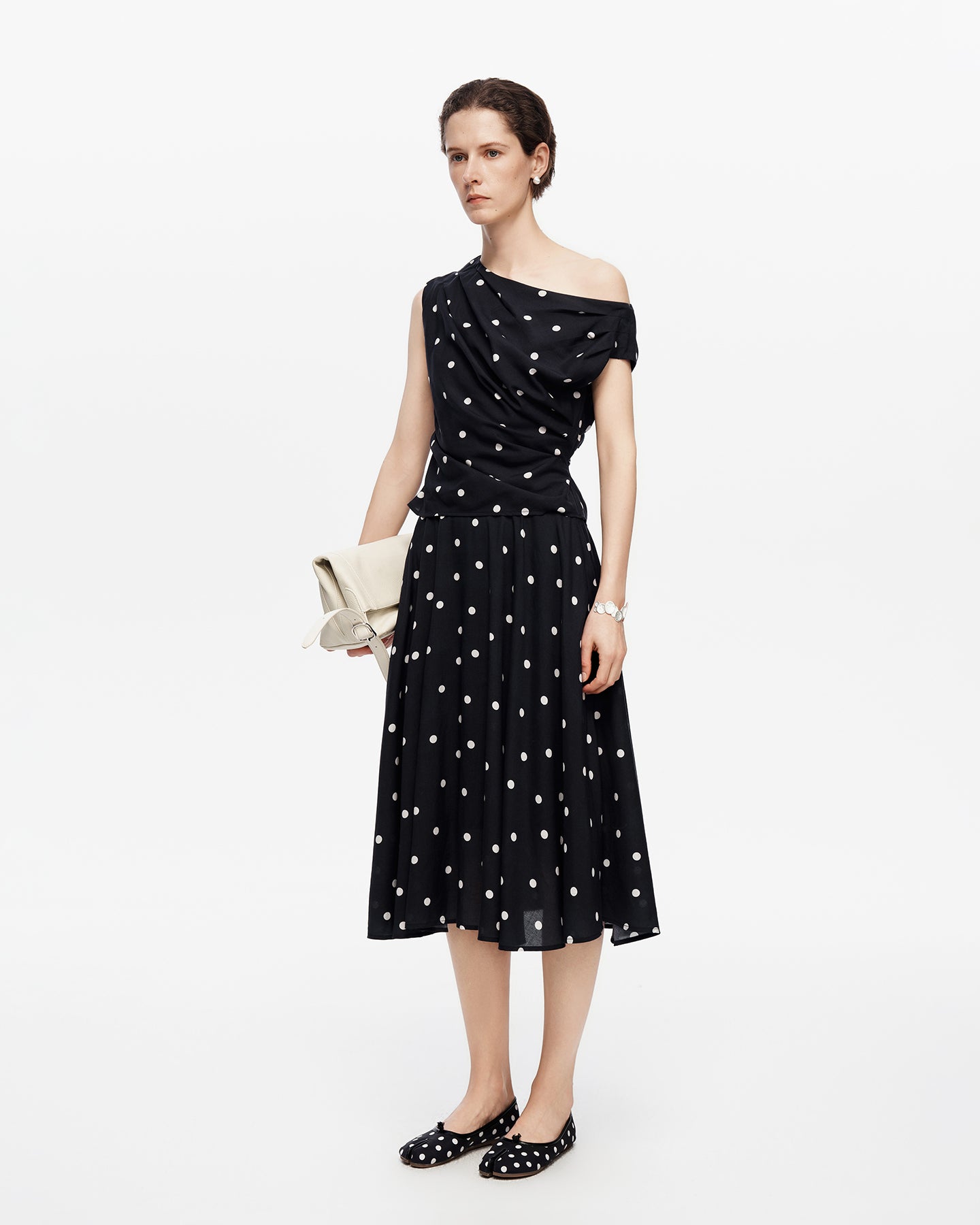 Tencel-Linen Blend French-Style Off-Shoulder Polka-Dot Vest & SKIRT Set