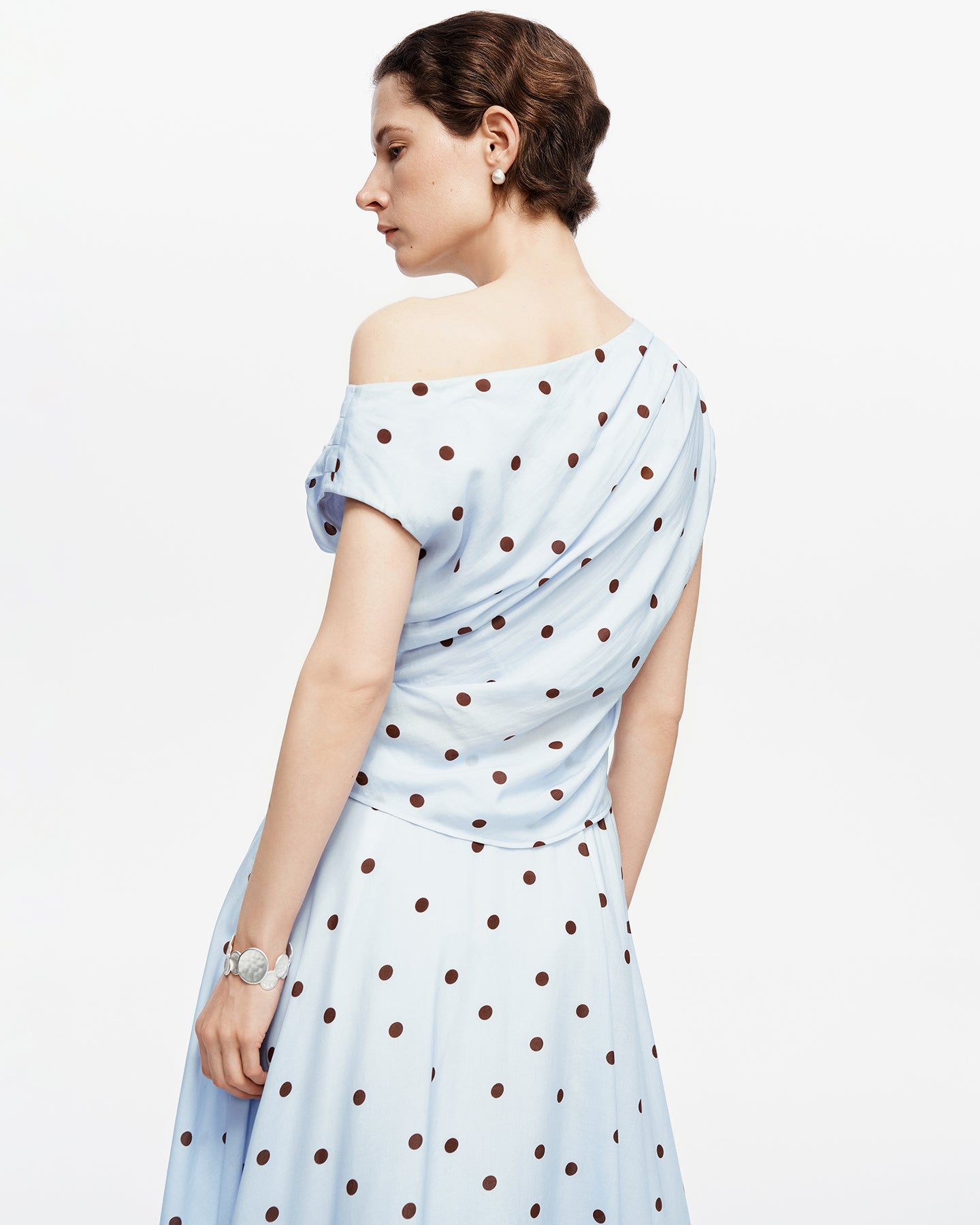 Tencel-Linen Blend French-Style Off-Shoulder Polka-Dot Vest & SKIRT Set