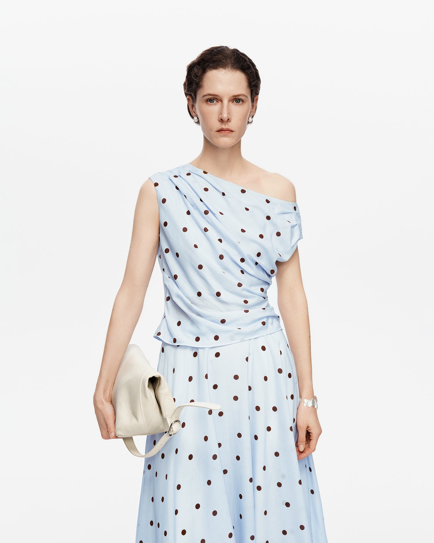 Tencel-Linen Blend French-Style Off-Shoulder Polka-Dot Vest & SKIRT Set