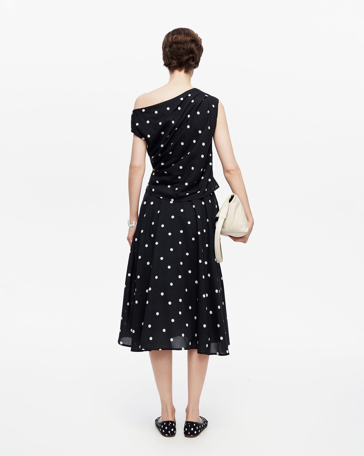Tencel-Linen Blend French-Style Off-Shoulder Polka-Dot Vest & SKIRT Set