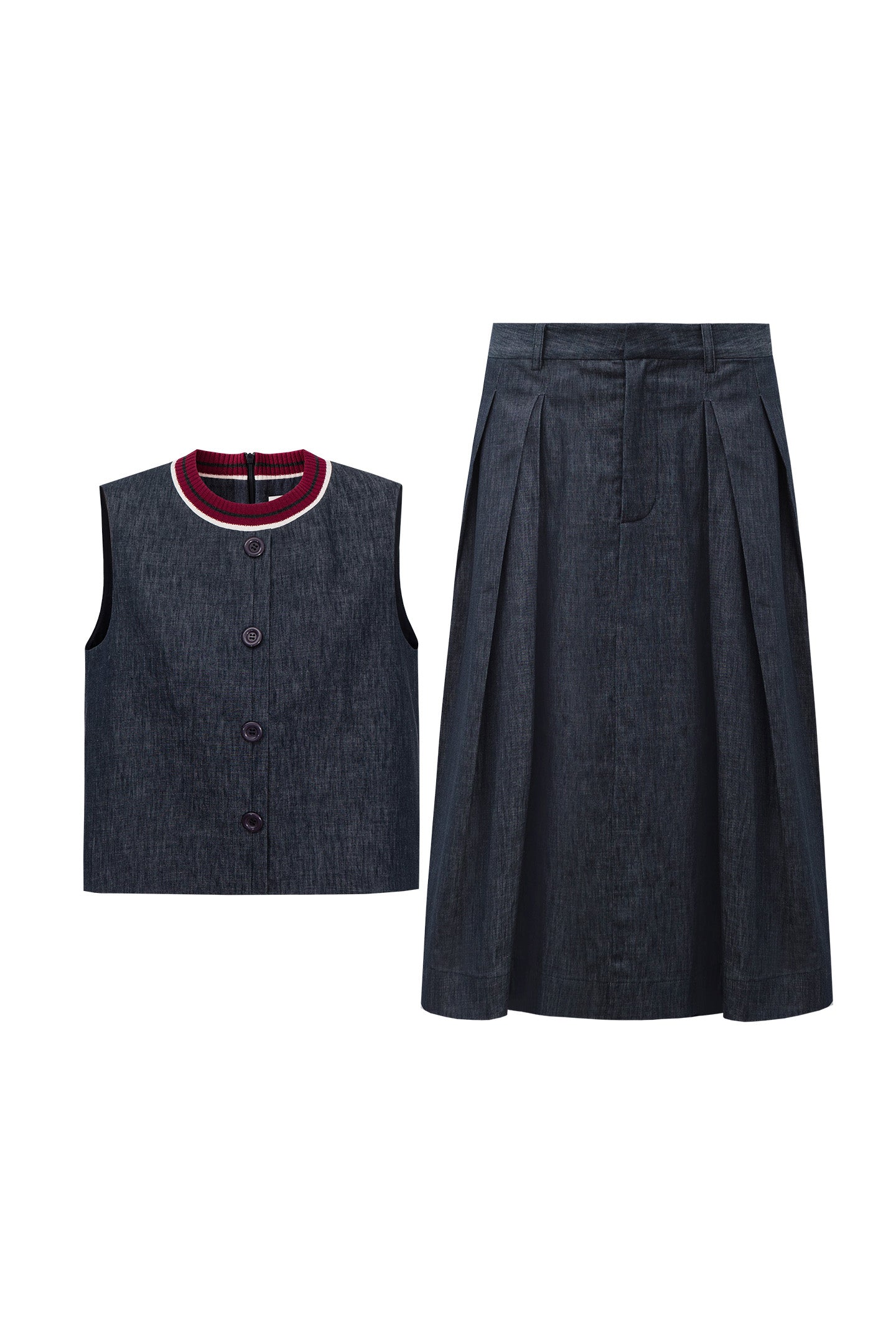 Cotton-Linen Blend Vintage Raw Denim Vest + Skirt