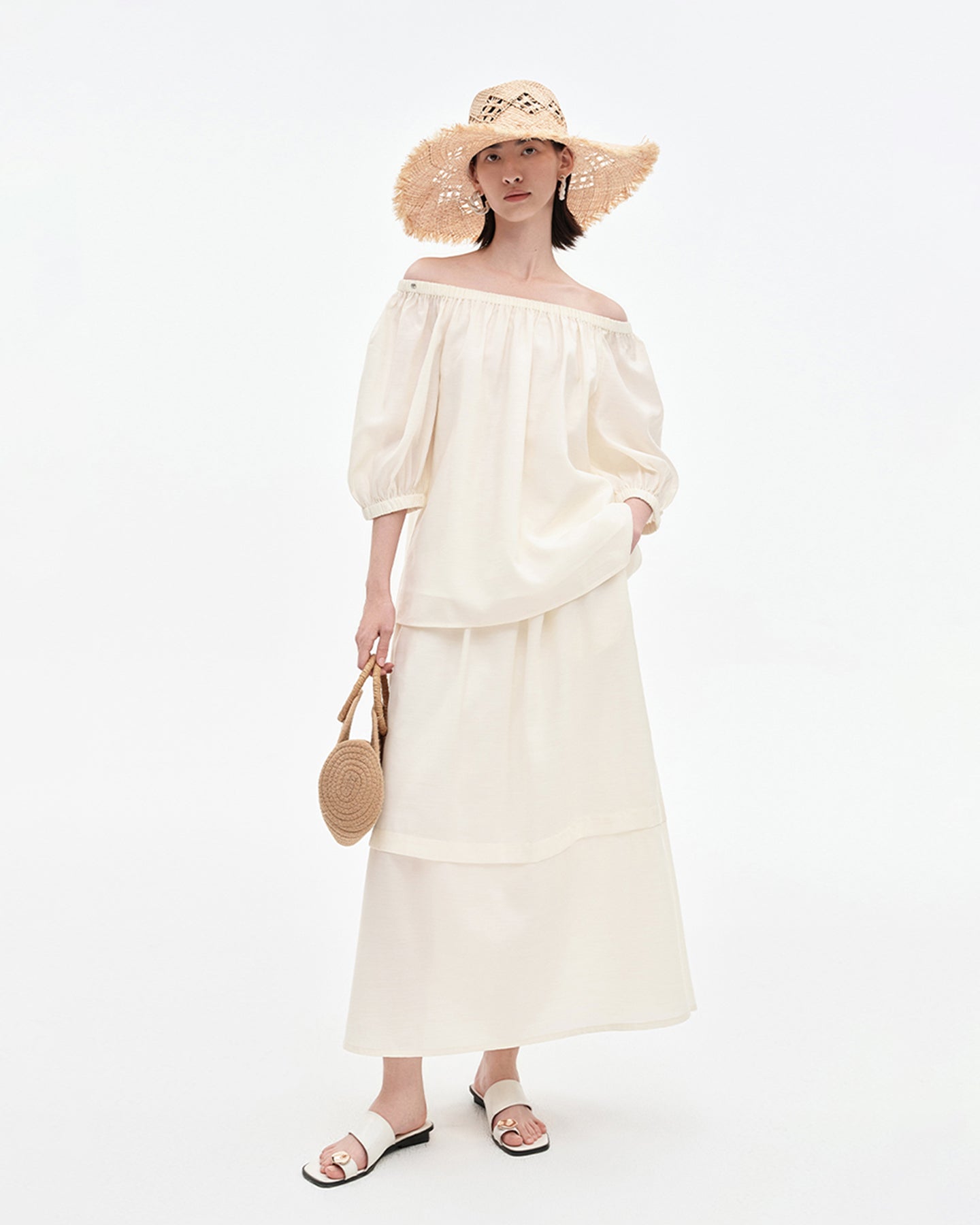Tencel Wool Blended One-Shoulder Neck Puff Sleeve Suit Shirt