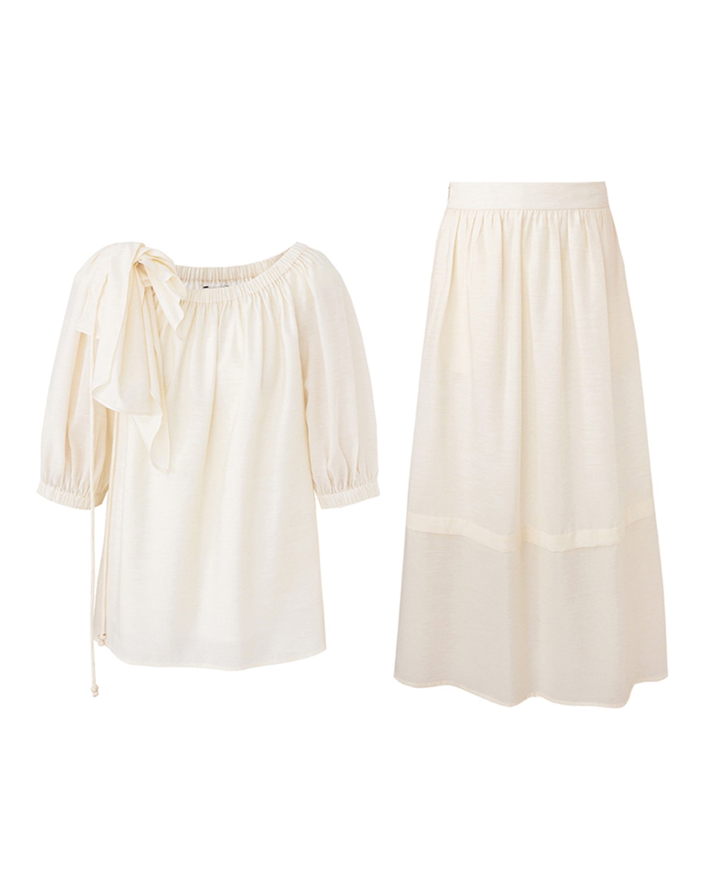Tencel Wool Blended One-Shoulder Neck Puff Sleeve Suit Shirt