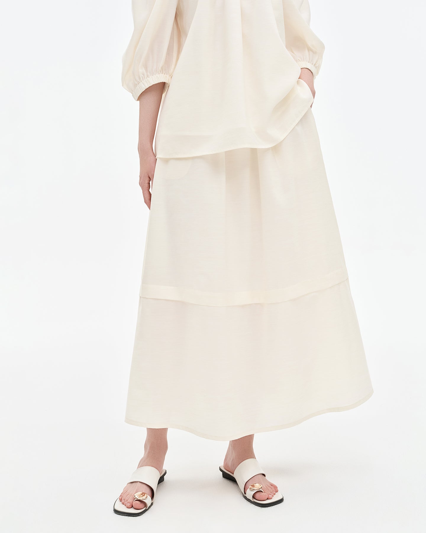 Tencel Wool Blended One-Shoulder Neck Puff Sleeve Suit Shirt