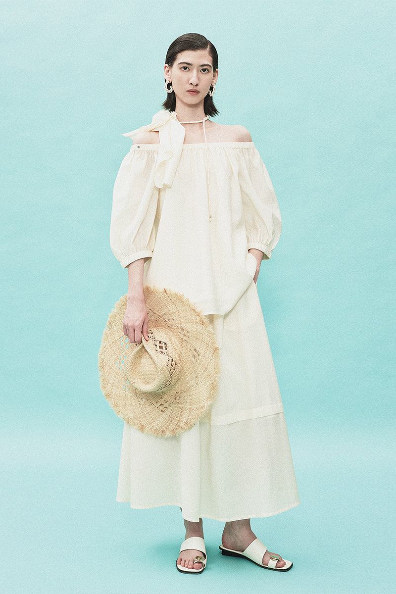 SELFWHO Tencel Wool Blended One-Shoulder Neck Puff Sleeve Suit Shirt