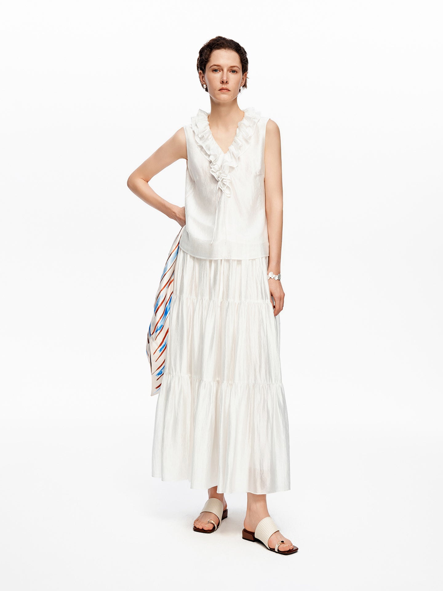 French-Style V-Neck Drawstring Ruffled Sleeveless Top & Skirt Set