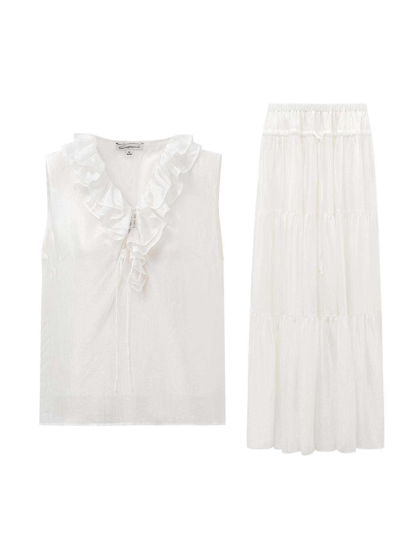 French-Style V-Neck Drawstring Ruffled Sleeveless Top & Skirt Set