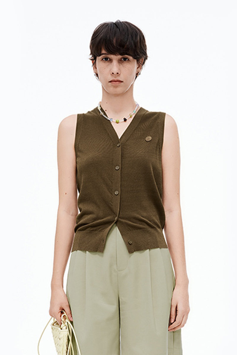 SELFWHO Blended V-Neck Sleeveless Knitted Vest Cardigan
