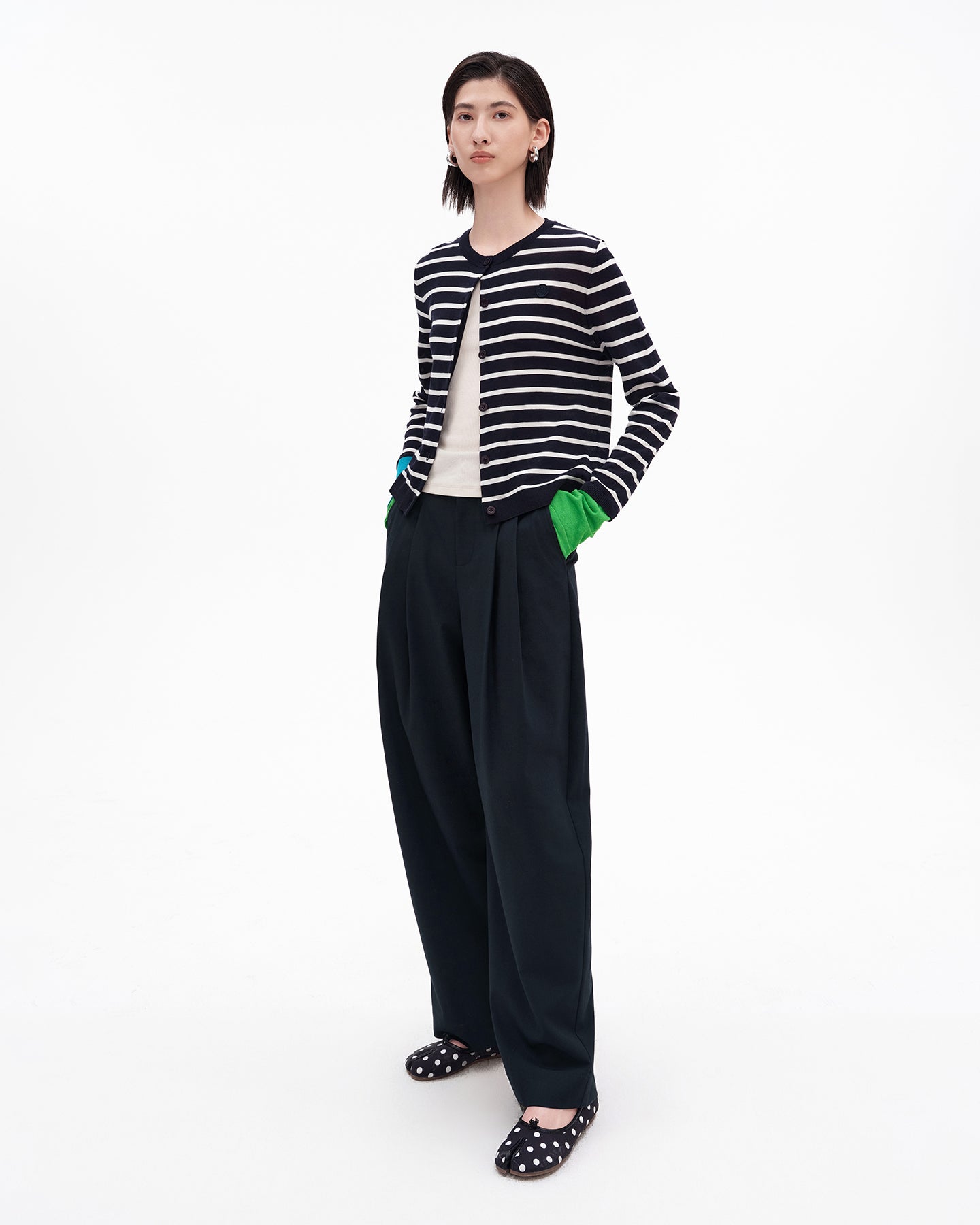 Tencel-Cotton Blend Striped Knit Cardigan
