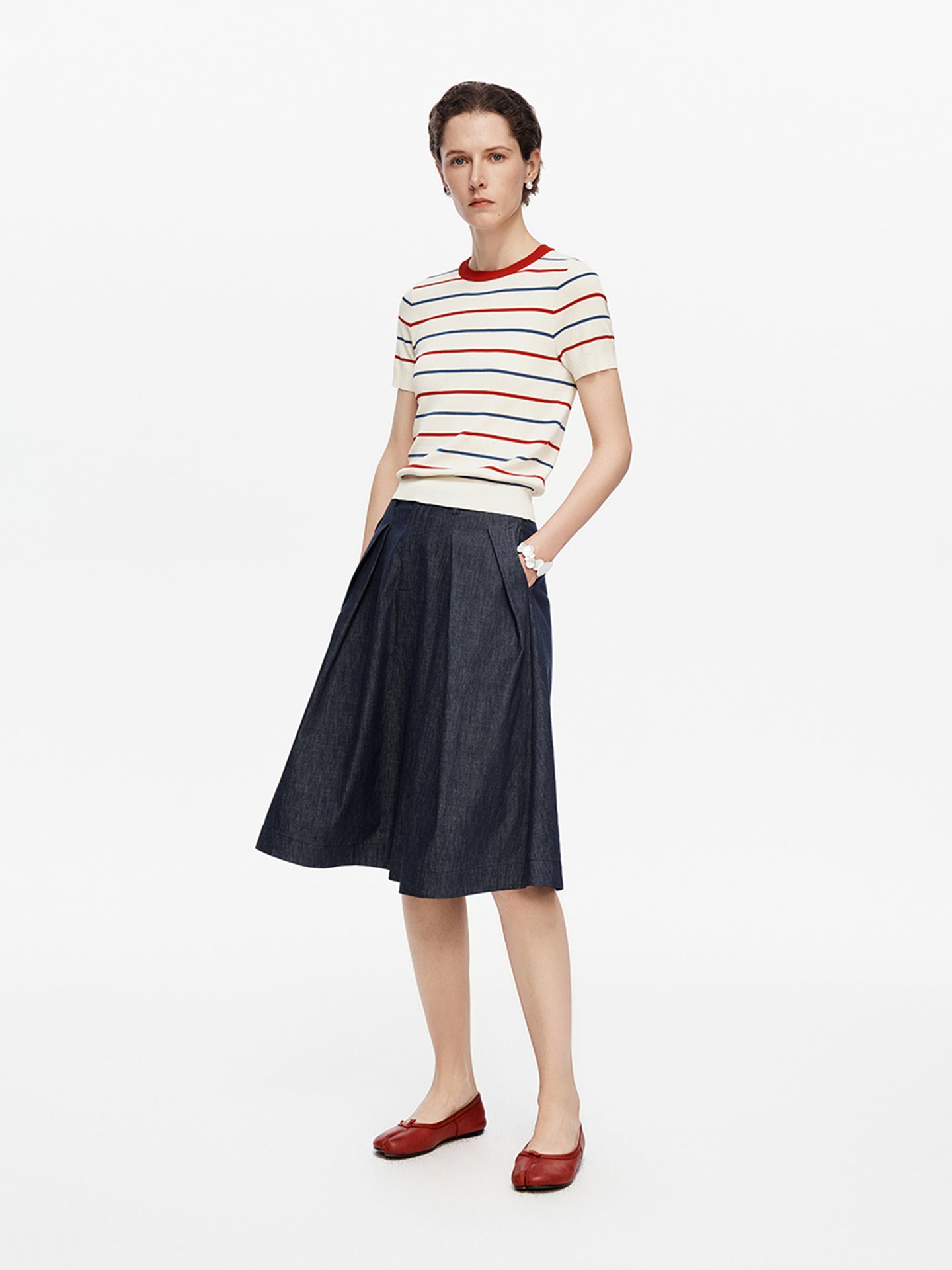 Color-Block Striped Short-Sleeve Wool Knit Sweater