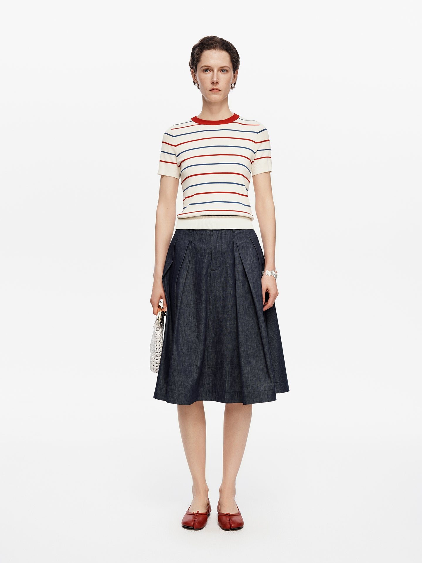 Color-Block Striped Short-Sleeve Wool Knit Sweater