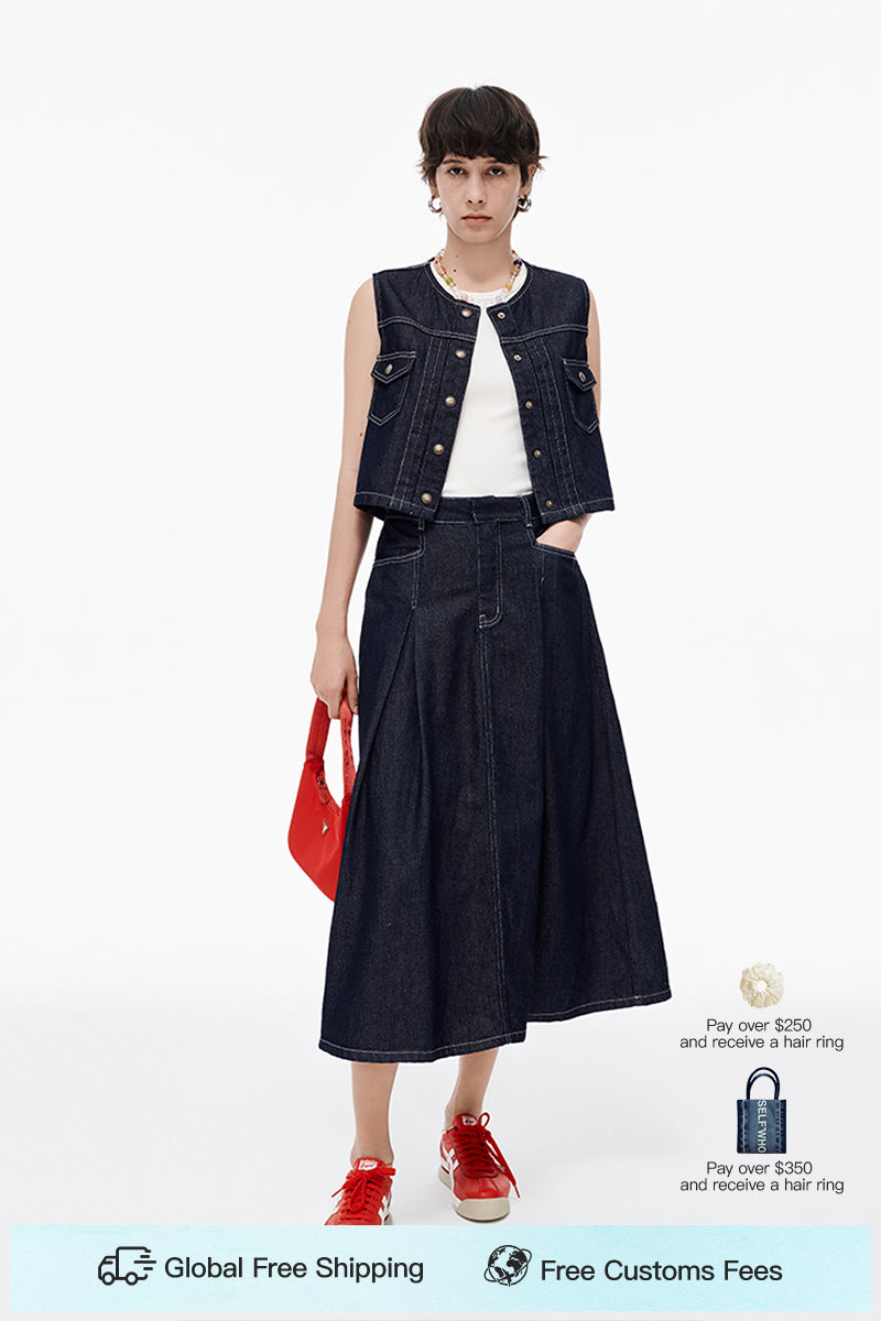 SELFWHO Cotton Lyocell Blended Vintage Denim Skirt + Vest(The skirt is small, it is recommended to order a size up)