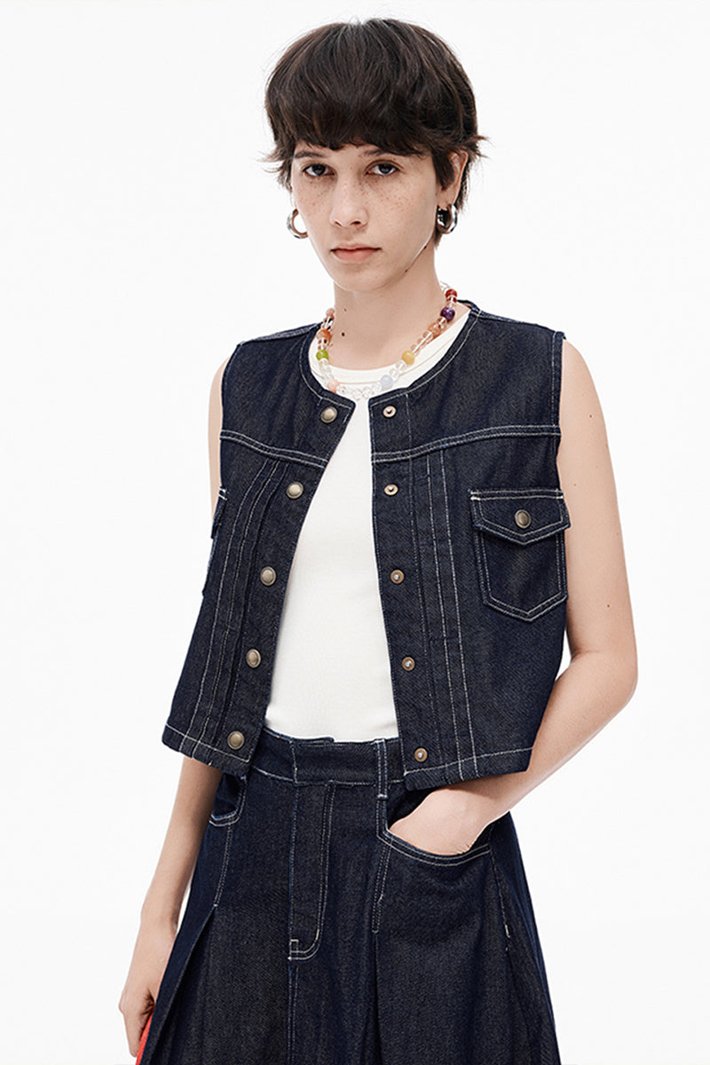 SELFWHO Cotton Lyocell Blended Vintage Denim Skirt + Vest(The skirt is small, it is recommended to order a size up)