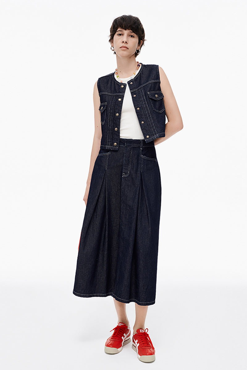 SELFWHO Cotton Lyocell Blended Vintage Denim Skirt + Vest(The skirt is small, it is recommended to order a size up)
