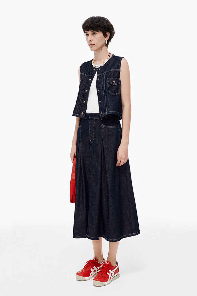 Cotton Lyocell Blended Vintage Denim Skirt + Vest