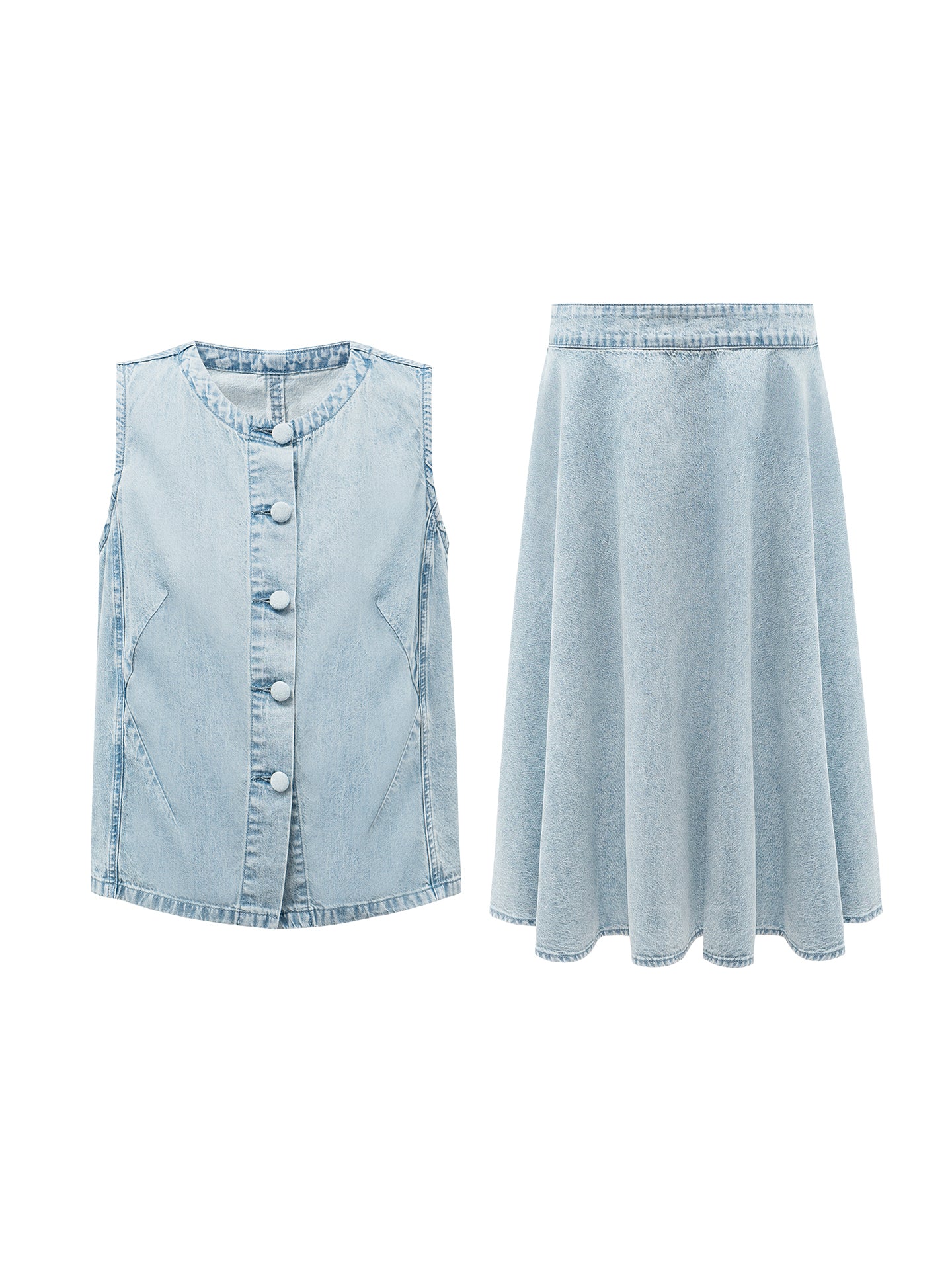 Pure Cotton Vintage Raw Denim-Style Vest & Skirt Set