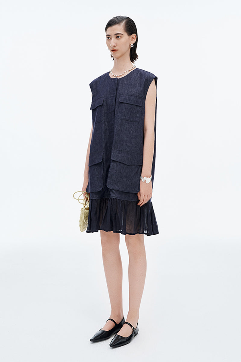 Spliced Fishtail Pleated Skirt H-Type Dress
