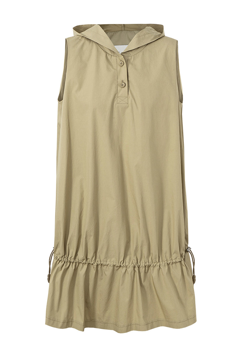 SELFWHO Khaki Pleated Design Hooded Sleeveless Dress