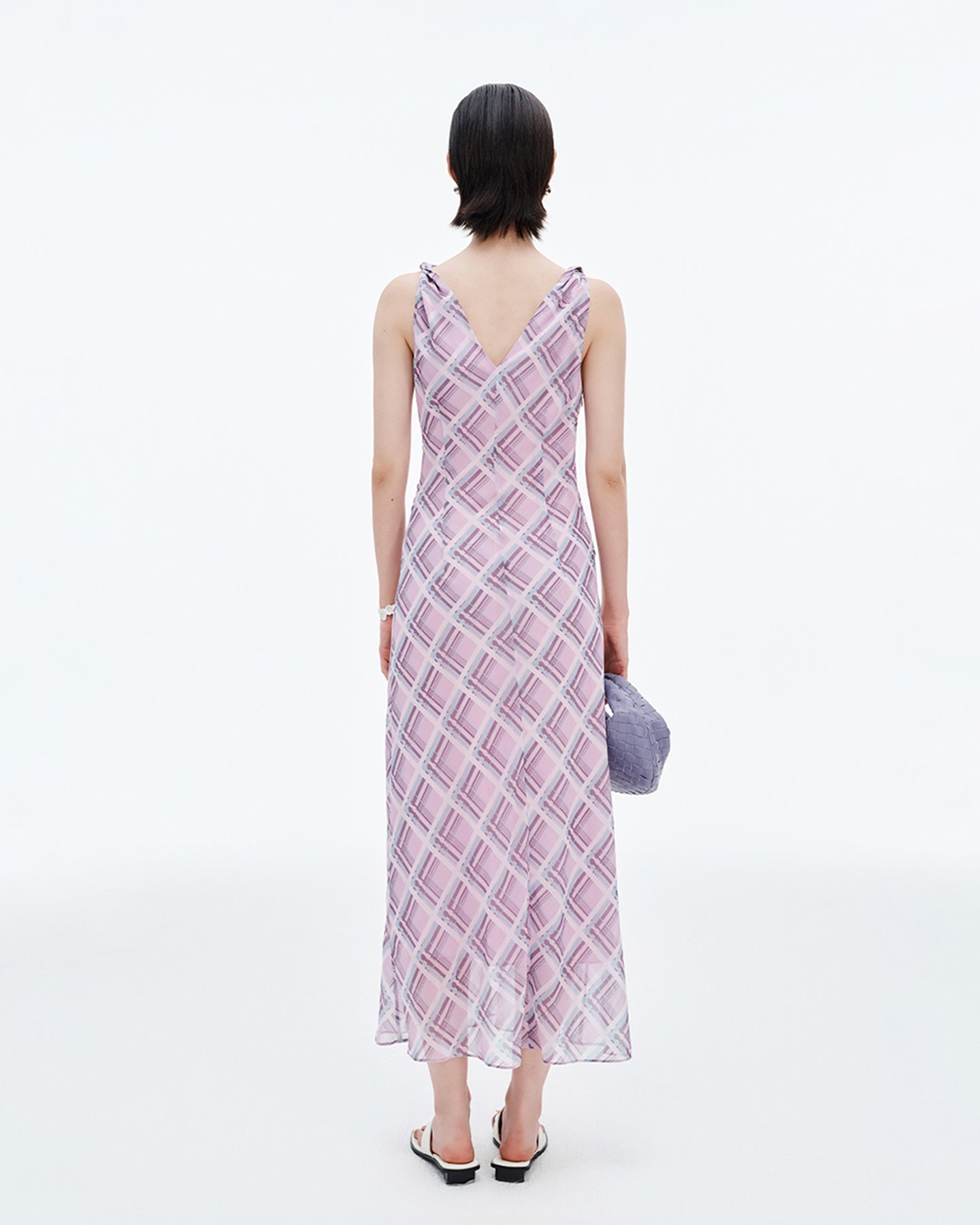 Pink and Purple Plaid V-Neck Twisted Strap Dress