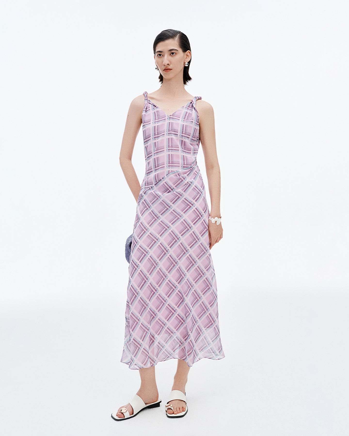 Pink and Purple Plaid V-Neck Twisted Strap Dress