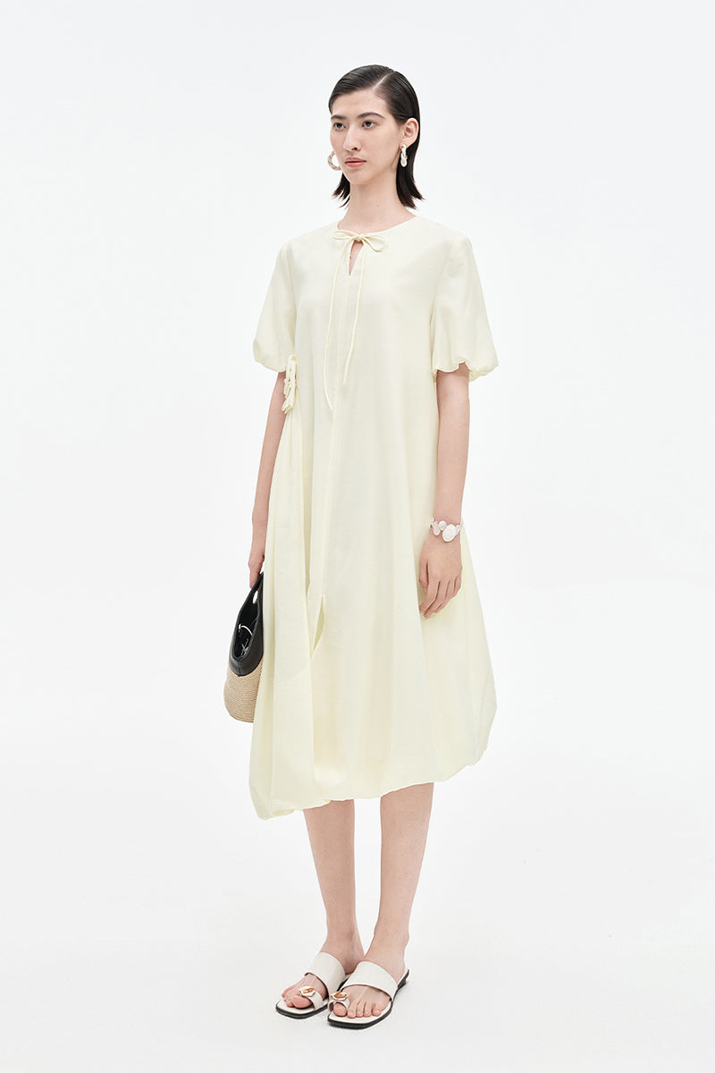 Acetate Blend French Puff Sleeve Ribbon Dress