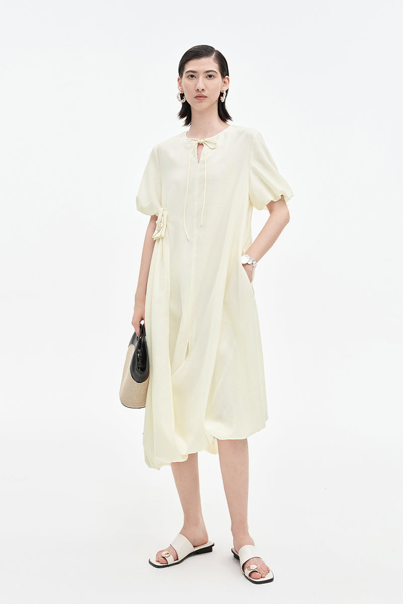 SELFWHO Acetate Blend French Puff Sleeve Ribbon Dress