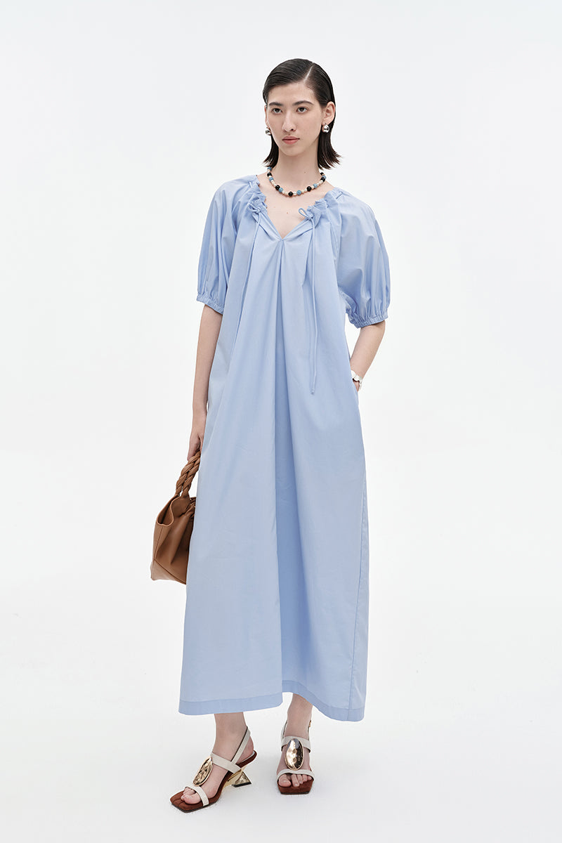 SELFWHO Lyocell Cotton Blend Puff Sleeve Dress