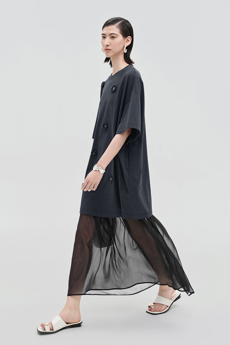 SELFWHO Acetate Blend Woven Patchwork Dress