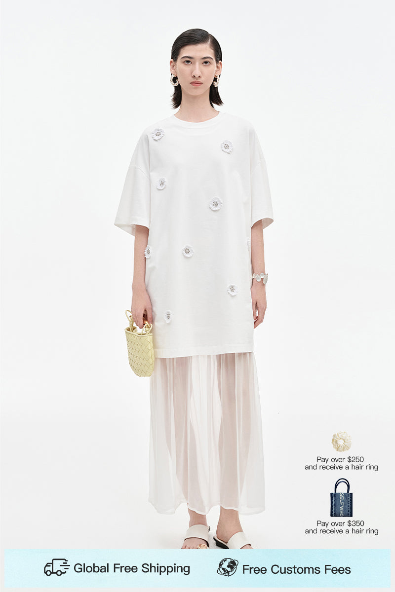 SELFWHO Acetate Blend Woven Patchwork Dress