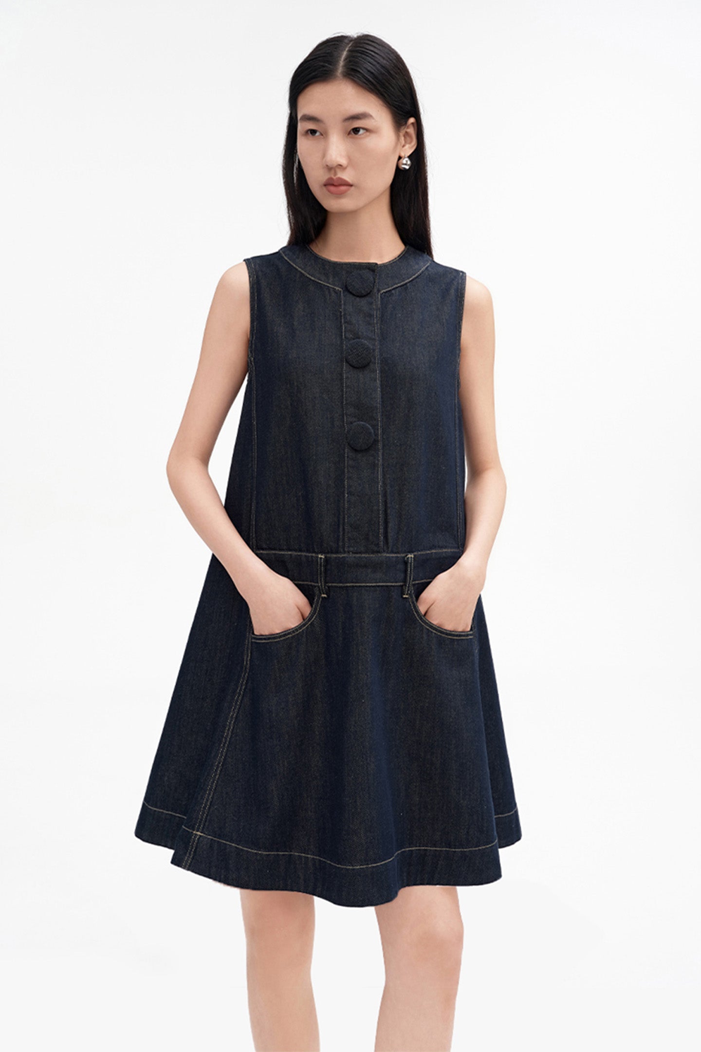 Retro Raw Denim-Style Sleeveless Dress
