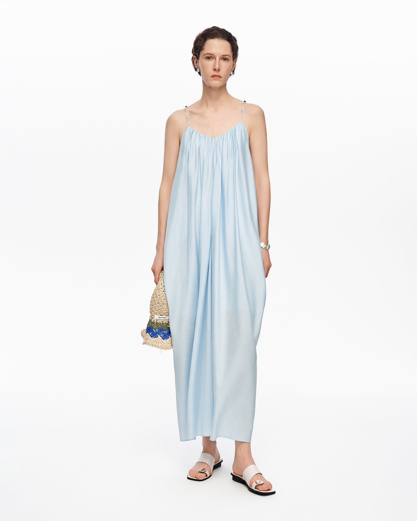 Colored stone woven U-neck camisole dress