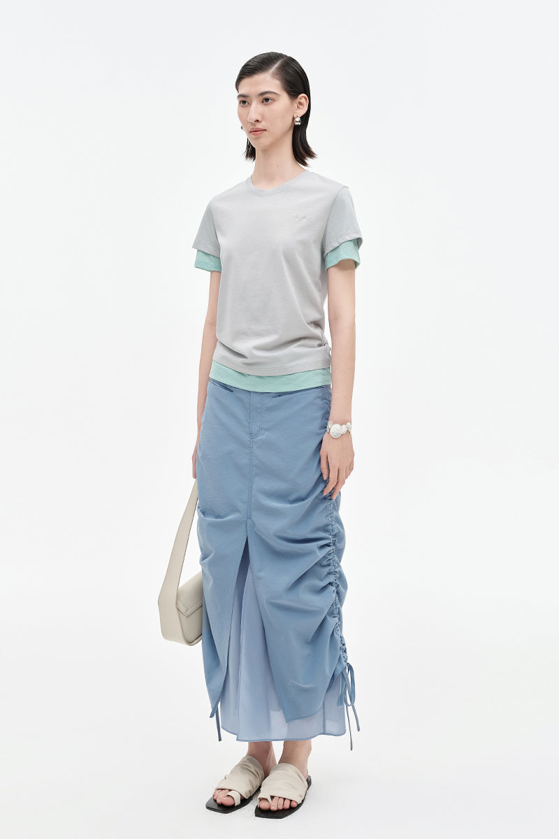 Cotton blend contrast color fake two-piece short-sleeved T-shirt