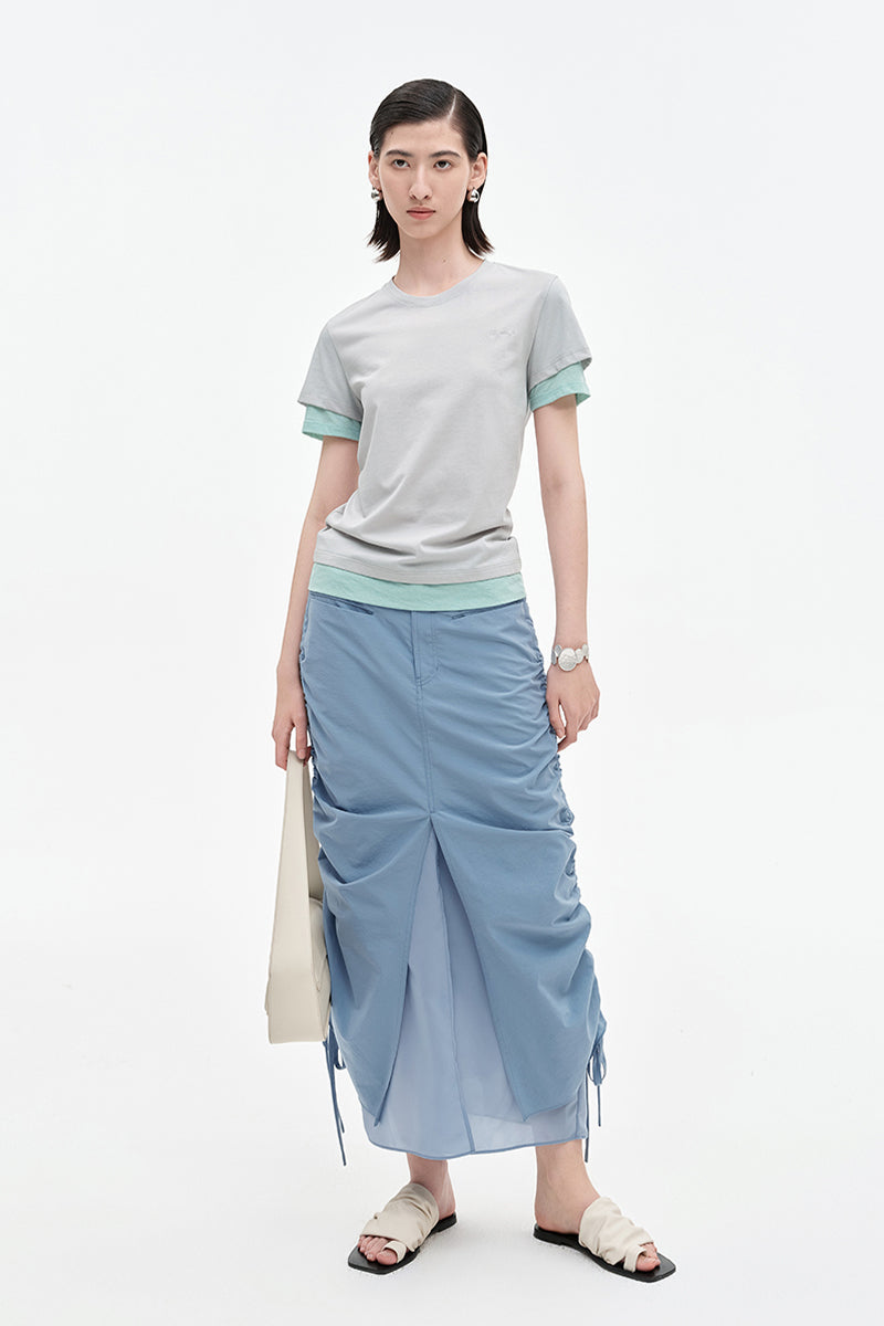 SELFWHO cotton blend contrast color fake two-piece short-sleeved T-shirt