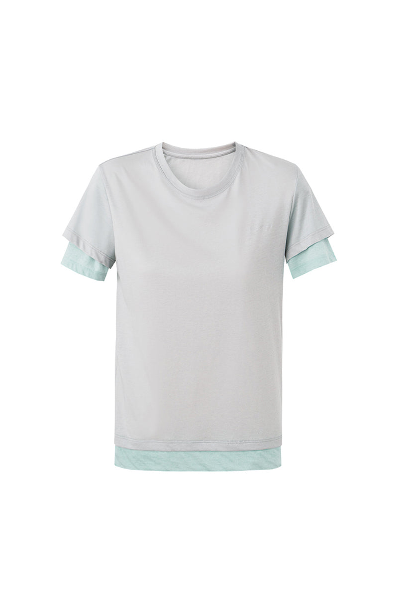 SELFWHO cotton blend contrast color fake two-piece short-sleeved T-shirt