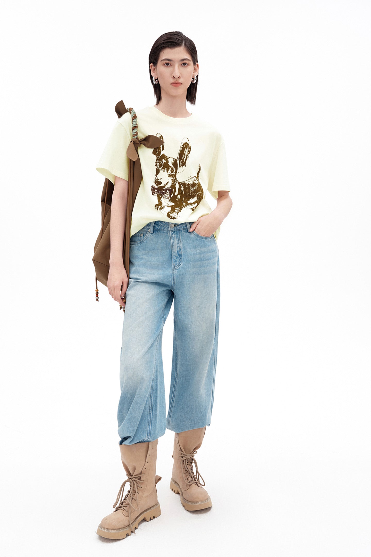 Pure Cotton T-Shirt with Dachshund Puppy Pattern